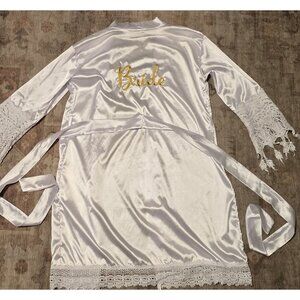 Bride Satin Robe With Lace Trim & Belt Gold Script Bridal White Wedding